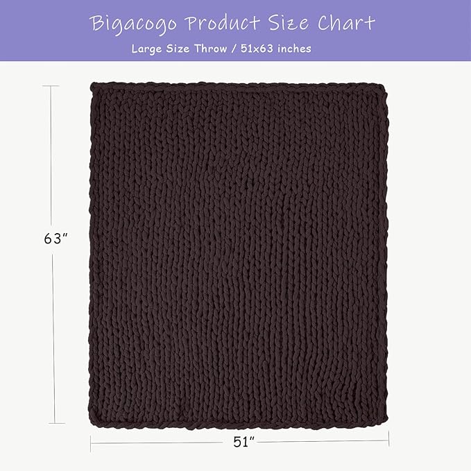 Bigacogo Chunky Knit Throw Blanket for Couch, 51x63 inches, 100% Hand Knitted with Thick Jumbo Chenille Yarn, Cozy Soft Large Rope Knot Cable Crochet Blankets for Sofa Bed Living Room, Chocolate