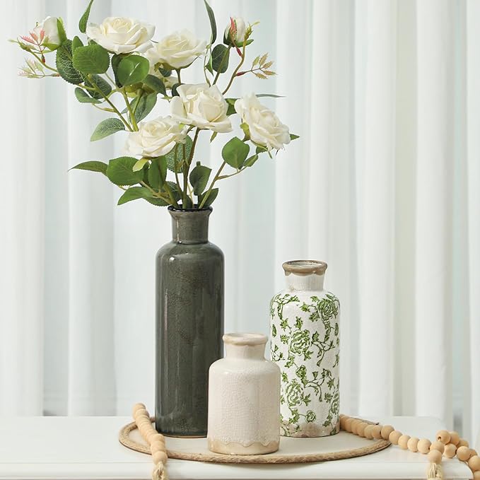 Vintage Vase Set of 3, Ceramic Vintage Flower Vases, Chinoiserie Decorative Home Decor Retro Floral Vase Rustic Farmhouse Decor for Table Bookshelf Mantel Kitchen Living Room Office - Green and Beige