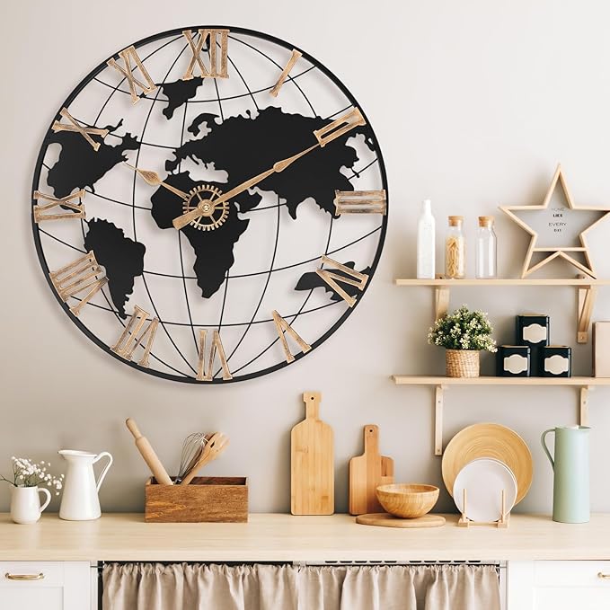 24 Inch Large Wall Clock for Living Room Decor,Big Modern Decorative Silent World Map Metal Wall Clock with Vintage Gold Roman Numeral for Office,Living Room,Kitchen,Dining Room