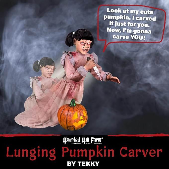 Haunted Hill Farm Lunging Pumpkin Carver Zombie Girl by Tekky, Motion-Activated Talking Halloween Animatronic for Indoor or Covered Outdoor Creepy Halloween Decorations, Plug-in or Battery Operated