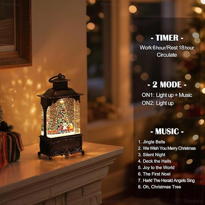 Christmas Tree Snow Globe Lantern Christmas Decorations Gifts Auto Snowfall Glitter Music Collection Snowman Train Candy Cane with 6H Timer USB/Battery Powered 10.2 inch