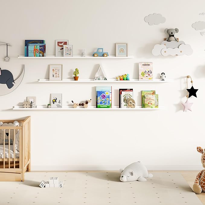 Floating Picture Ledge Shelves for Wall Set of 2, 84 Inches Picture Ledge Shelf with Long Large Nursery Book Shelf for Toys Storage Kids Bookshelf Wall Mounted Living Room Bedroom Decor Frames, White