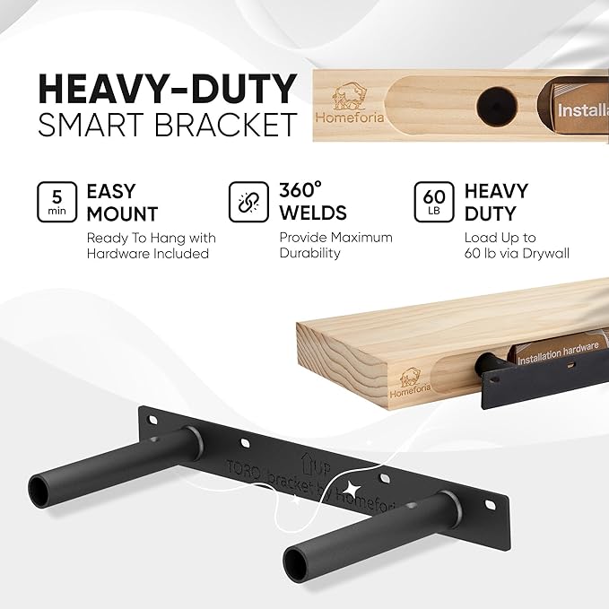 Homeforia 16 inch Black Floating Shelves, High End Solid Real Wood 16inch Bathroom Floating Shelves for Wall Mounted, 16in Wooden Small Floating Shelf, Heavy Duty Bracket, 16 X 6.5 X 1.75 in, Set of 3