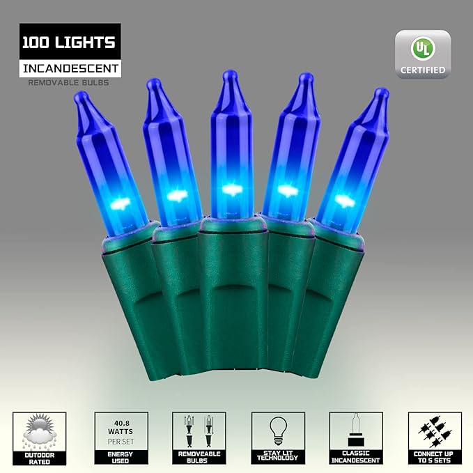 100LIGHTS BLUE Extra-Bright With End Connectors Christmas Decorative Lights 5.98m UL Certified Mini String Light Set Waterproof for Home Garden Holiday Christmas Tree Party Patio Decor Wedding