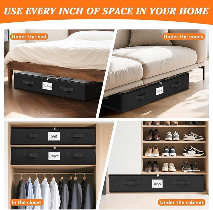 SpaceWhisper 90L Under Bed Storage Containers, 8-Pack Storage Bins with Clear Top, Foldable Closet Organizers and Storage with Label Holder for Clothing, Blankets, Comforter & Pillows(Black)