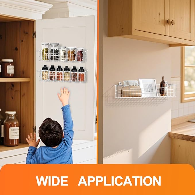 Spice Rack, 4-Pack Seasoning Organizer Wall Mount for Kitchen Storage Organization, Spice Holder Metal Shelf Saving Space for Cabinet, RV, Pantry, White