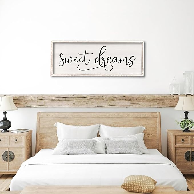 comurdyo Sweet Dreams Wall Decor Above Bed Sign 40" x 15" Master Bedroom Wooden Antique Framed Large Rustic Farmhouse Guest Room Beautiful Simple Hanging Plaque Over Bed Wall Art (White)