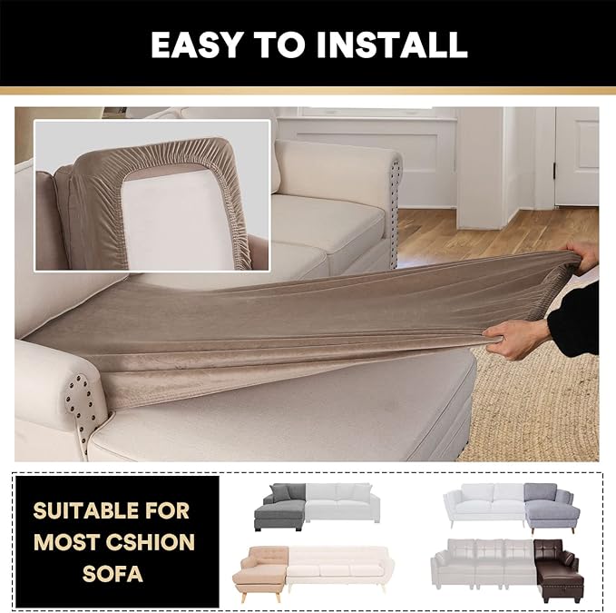 PrinceDeco Sectional Couch Covers Velvet Couch Cover for Dogs Washable L Shaped Couch Cover 1 Piece Individual Sectional Couch Covers with Elastic Bottom(Chaise Lounge,Taupe)