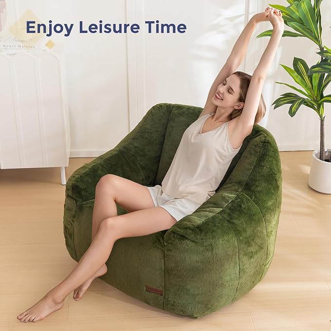 MAXYOYO Bean Bag Chair, Comfy Bean Bag Sofa with Back Support, Faux Fur Bean Bag Chair for Adults and Kids, Stuffed Floor Sofa for Living Room, Bedroom, Apartment, Green