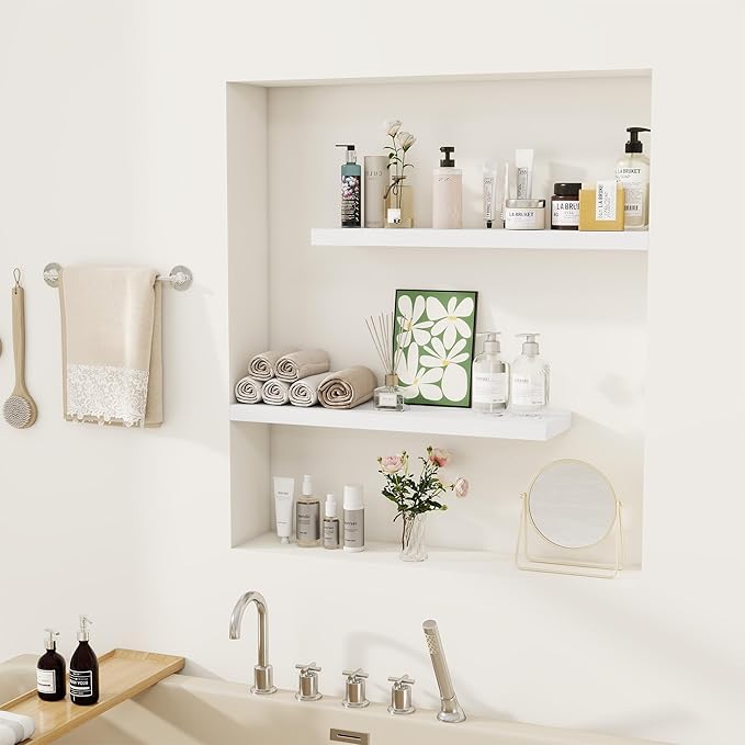 Fun Memories Floating Shelves for Wall, 24" Rustic Wood Deep Wall Mounted Shelves with Invisible Brackets for Decor & Storage, Floating Shelf for Living Room, Bathroom (White, Set of 2)