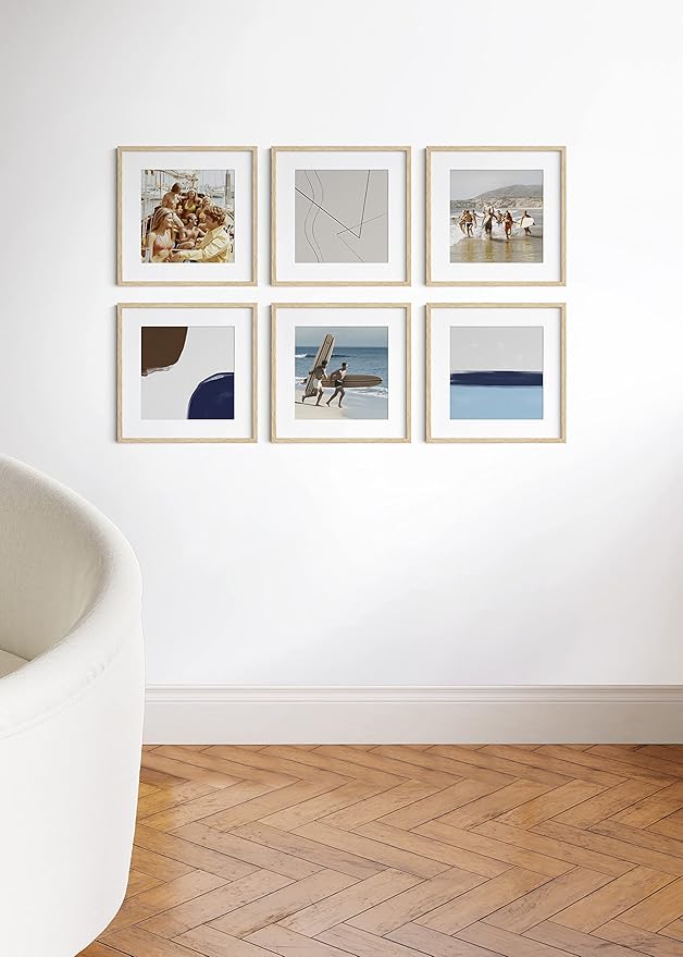 HAUS AND HUES Solid Oak Wood 16”x16” Picture Frames Matted to 12”x12” Set of 6-16x16 Gallery Wall Frame Set, Square Picture Frames Pack of 6, 16 x 16 Square Frames with Mat (Beige Oak Frames)