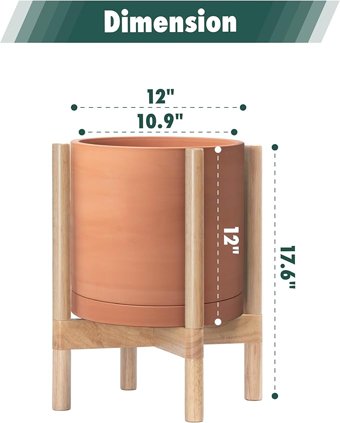 D'vine Dev Terracotta Planter with Natural Stand - 12 Inch Modern Round Flower Pot with Wood Planter Holder, Terracotta, 55-B-J-5