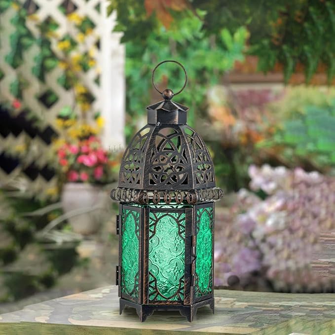 NEEDOMO Hanging Moroccan Lantern, 12.8'' Vintage Candle Holder, Metal Lanterns Decorative Indoor Outdoor, Table, Patio, Porch, Shelf, Gothic Home Decor (Green, Large Size)