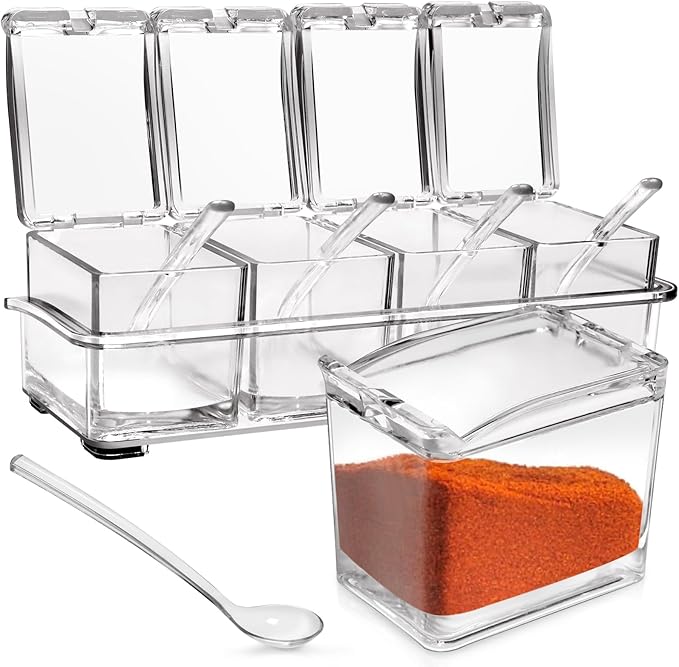 4-Cell Clear Seasoning Rack Spice Box, Storage Container Condiment Jars Acrylic Seasoning Box with Cover and Spoon (Enhanced Version Clear)