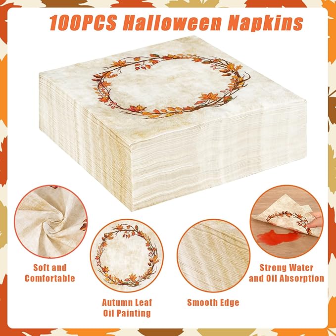 Homlouue 200 Pcs Fall Paper Plates and Napkins, Watercolor Disposable Dinnerware Set, Autumn Leaves Thanksgiving Party Supplies, Serve 50 Guests