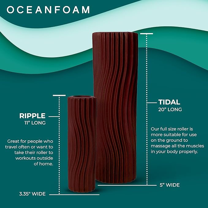 Oceanfoam Tidal Roller - Maroon - Muscle Massage Foam Roller for Back Pain & Stretching - Firm and Ergonomic Wide Wave Textured - Yoga, Athletics, & Wellness - Full Size, 20" x 5"