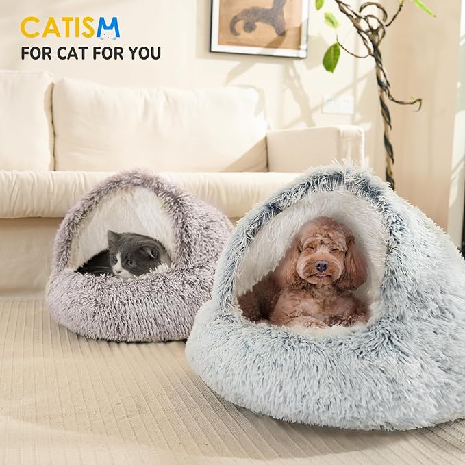 CATISM Cozy Plush Hooded Cat Bed, Indoor/Outdoor, Self-Warming Cave, Removable Washable Non-Slip Bottom