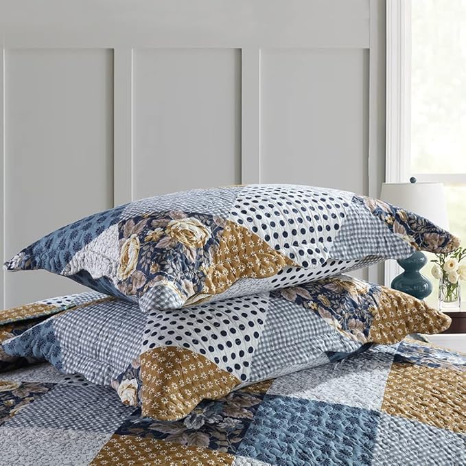 NEWLAKE Quilt Bedspread Sets-Checkered Floral Reversible Coverlet Set,Queen Size