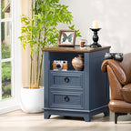 18" Farmhouse Night Stand with Charging Station, 2 Drawers End Table Dresser for Bedroom, Blue Wooden Nightstand, Bed Side Table with Open Shelf, Bedside Cabinet for Living Room, Closet