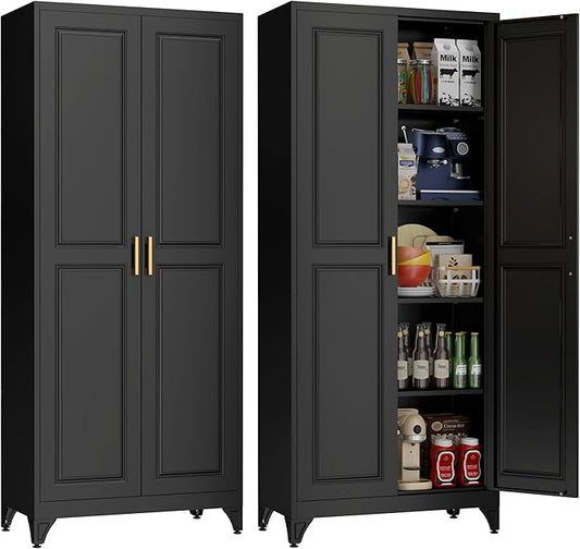 75" Storage Cabinet, Metal Pantry Cabinet, Kitchen Pantry Storage Cabinets with Doors and 4 Shelves, Cabinets for Laundry Room, Living Room, Dinning Room, Assembly Required, Black