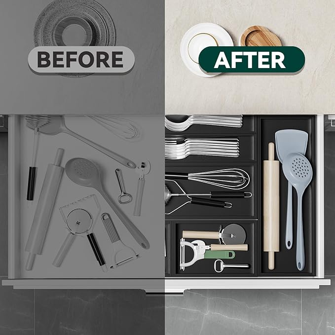 Bamboo Kitchen Drawer Organizer - Set of 2, Stackable Utensil Organizers, Wooden Storage Box Tray for Cabinet, Pantry, Bathroom Countertop, Multi-use Organization and Storage (Black)