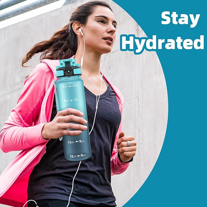 OLDLEY 32 oz Water Bottle, Motivational Water Bottle with Time Marker, Sports Water Bottle With Strap, Leakproof & BPA Free Large Water Bottles for School, Gym, Travel, Outdoor, Tritan,Blue&Gray