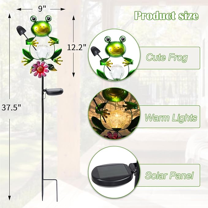Afirst Solar Lights Outdoor Decorative Metal Frog Crackle Glass Globe Warm White LED Metal Waterproof Garden Stake Lights for Walkway Pathway Lawn Patio Yard Decorations