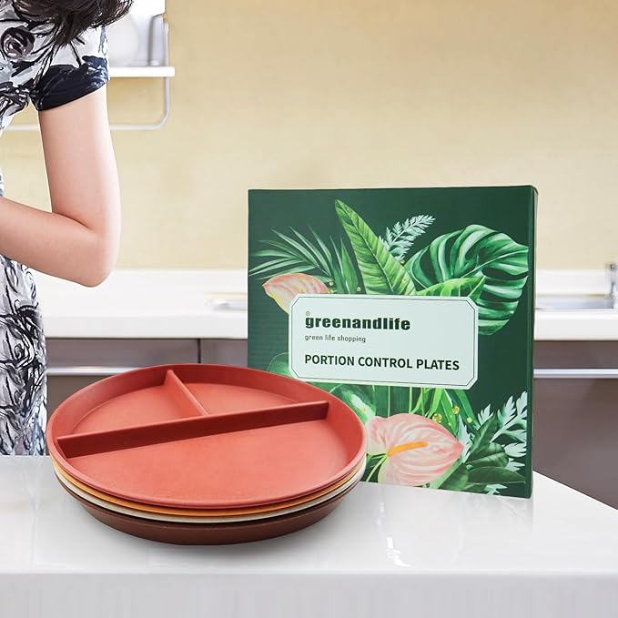 greenandlife 9 Inch 4PCS Unbreakable Portion Control Plates, Divided Plates for Kids Adults, Dishwasher & Microwave Safe Compartment Plate, Lightweight Reusable Wheat Straw Plate, BPA Free