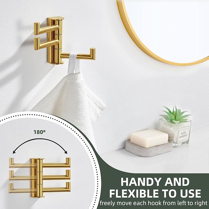 Angle Simple 3 Arms Towel Hook Brushed Gold, 304 Stainless Steel Swivel Triple Towel Holder, Folding Bathroom Hook, Wall Mount
