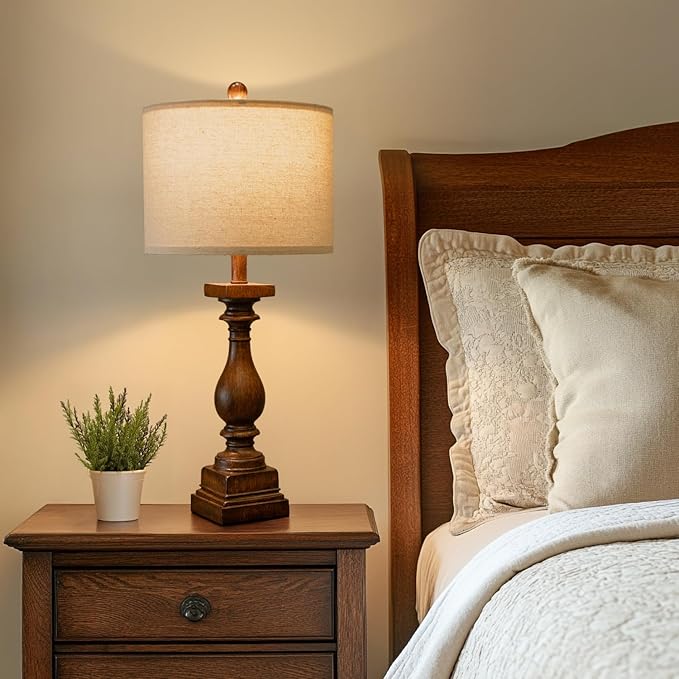 BOBOMOMO 27" Farmhouse Living Room Lamps with USB-A +C Ports, Vintage Rustic Bedside Night Stand Lamps Set of 2, Linen Shade, Retro Side Table Lamps for Living Room, Bedroom, Office, Home Decor