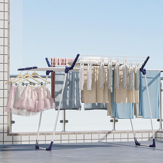 APEXCHASER Clothes Drying Rack, Foldable Gullwing Laundry Rack for Indoor Outdoor, 10pcs Clips with Bag, Collapsible Space-Saving Drying Rack for Clothes Towels Dolls, White