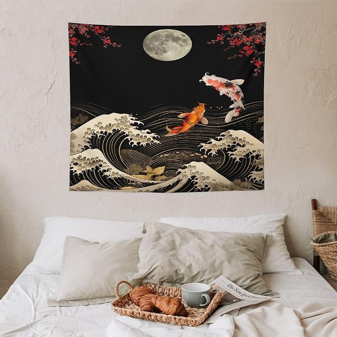 Houselerax Koi Fish Tapestry, Japanese Style Yin Yang Big Wave Cherry Blossom Tapestries Wall Hanging for Bedroom Living Room Office Decor 60"x50"