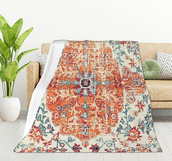 HGOD DESIGNS Carpet Pattern Throw Blanket Boho Style Ethnic Design Orange Blue Soft Blankets and Throws 40x50 Inch Caring for Women Men (100x130cm)