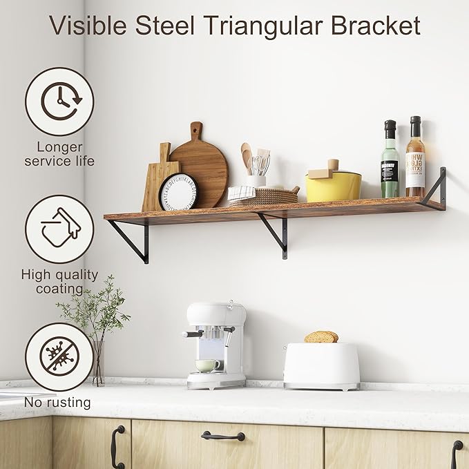 Floating Shelves 48 Inch Long, 10" Deep Floating Shelves, Wall Shelves 48 x 10, Set of 2, Wide Large Display Storage Shelves for Bathroom, Living Room, Rustic Wood Shelves with Brackets, Rustic Brown