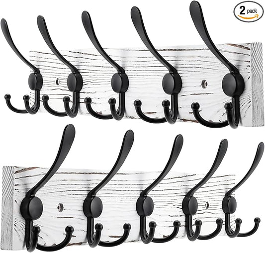 2pcs Coat Rack Wall Mount Wooden Hat Rack for Wall Hooks Pine Real Wood Plank 16.9" Old White Coat Hanger with 5 Black Triple Hooks for Hanging Coat Hat Jacket