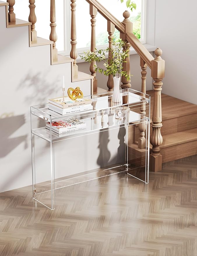 Acrylic Console Table, Entryway Table with Storage Shelves (1, 39.4 * 31.5 * 11.7) (Clear)