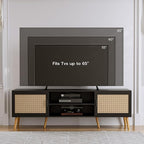 TV Stand for TVs up to 65'', Entertainment Center with Rattan Door, Shelves & 2 Cabinets, Boho Media TV Console for Living Room, Bedroom, Black