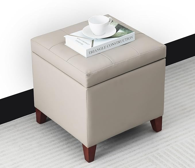 Adeco 18" PU Storage Ottoman, Upholstered Square Faux Leather Foot Rest - Flip Top Footstool with Sturdy Wood Legs, Small Cube Coffee Table Extra Seat for Living Room, Bedroom, Elephant Grey