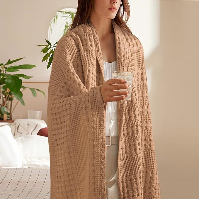 PHF 100% Cotton Waffle Weave Throw Blanket, Soft Lightweight Breathable Cozy Summer Throws for Couch Bed Sofa, Luxury Aesthetic Woven Blanket for Home Decor & Office, 50"x60", Camel