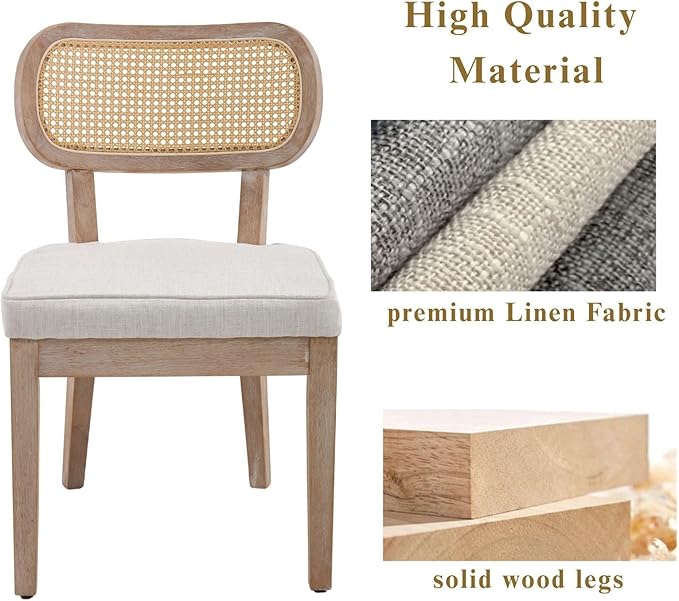 Farmhouse Rattan Dining Chairs Set of 4 Solid Wood Kitchen Chair with Cane Back French Country Upholstered Accent Chair Rustic Armless Side Chairs for Dining/Living Room/Restaurant, Beige
