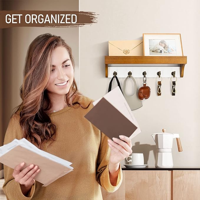 Rebee Vision Key and Mail Holder for Wall with Shelf - Farmhouse House Decor with 5 Rustic Keys Hooks and Decorative Mail Organizer Wall Mount - Decorative Apartment Essentials (Light Brown & White)
