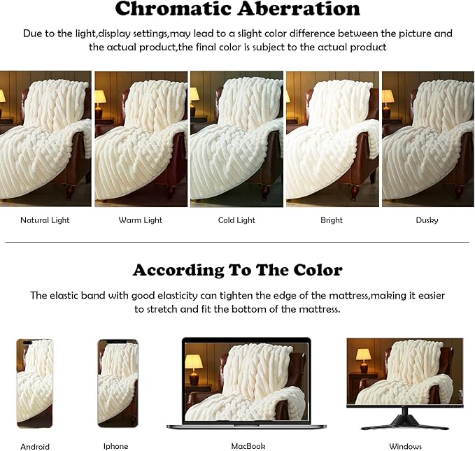 NEWCOSPLAY Faux Fur Throw Blanket Ivory 3D Ribbed Plush Thick Warm Blanket for Couch Sofa Bed 850GSM (Ivory Ribbed, Throw(50"x60"))