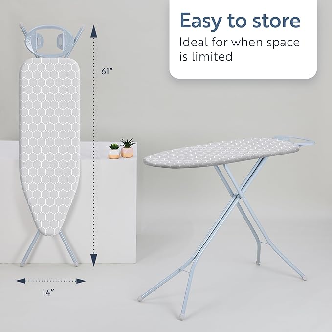 Minky Homecare Classic 4-Leg Ironing Board with Iron Rest - Freestanding Full Size Iron Board for Clothes Pressing with 43" x 14" Surface - Grey Honeycomb