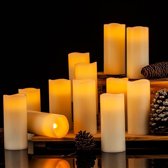 Flameless Candles Flickering LED Candles Set of 12 (D:2.2" X H:5") Ivory Real Wax Pillar Battery Opeated Candles with 10-Key Remote and Cycling 24 Hours Timer