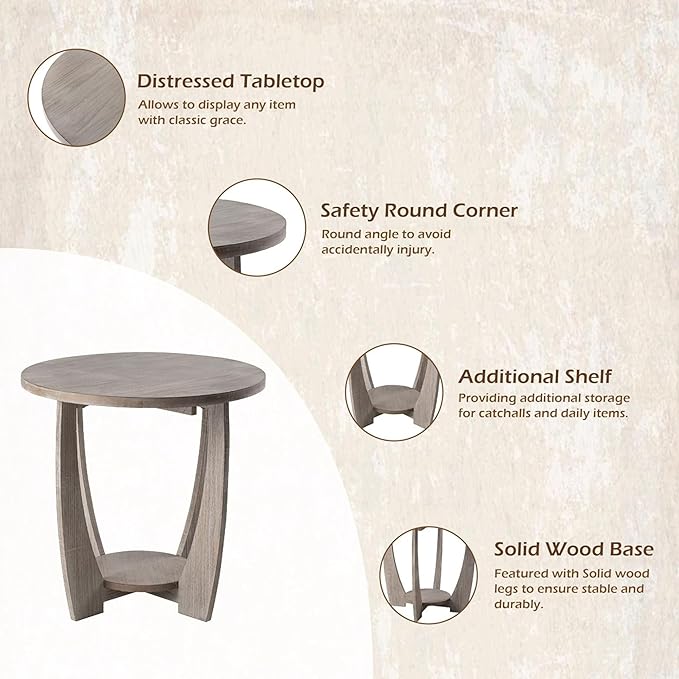 COZAYH Rustic Farmhouse Round End Table - Vintage Grey