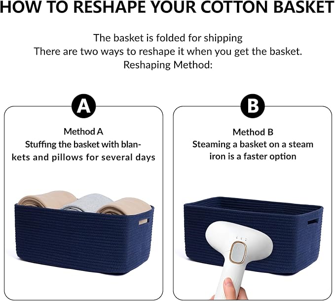 Large Storage Baskets for Shelves, Closet Organizers Bins for Clothes Blanket Towels, Baby Nursery, Toy Baskets Box, Woven Rope Baskets, 17 x 13 x 7.5”, 3 Packs Navy Blue