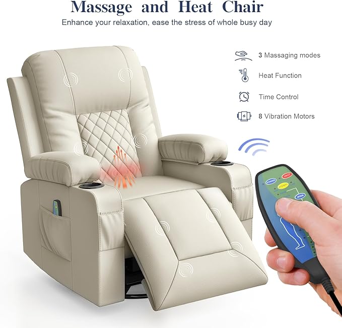Recliner Chairs for Adults, Massage Rocker with Heated Modern Ergonomic Lounge 360 Degree Swivel Single Sofa Seat Living Room Lounge Recliners Ivory White