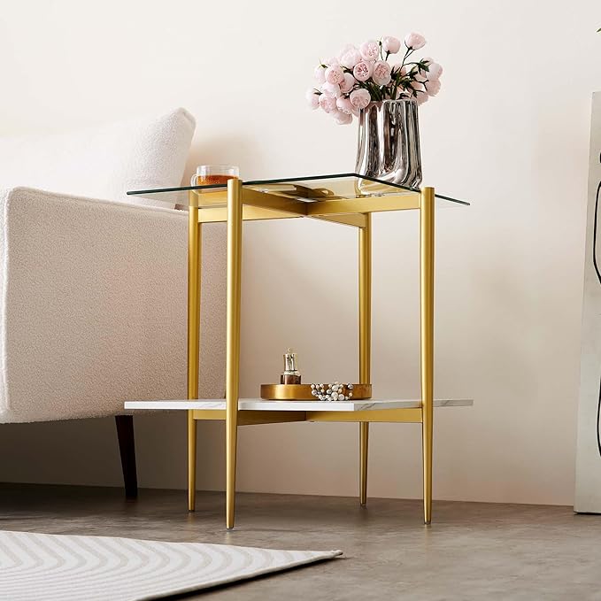 Square Glass End Table, Mid-Century Modern Design Sofa Table, for Living Room, L18 x W18 x H23, Clear Glass Top and White Marble MDF Shelf, Sleek Conical Metal Legs with Gold Finish