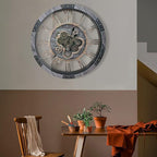 DORBOKER 24" Large Wall Clock with Moving Gears,Oversize Vintage Industrial Rustic Farmhouse Clocks for Living Room Decor Office Home,Solid Wood HD Tempered Glass Cover,Carbon Grey