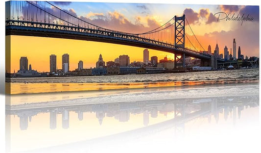 Philadelphia Skyline Wall Art Cityscape Living Room Decor Panorama Pictures City Building House Poster Canvas Print Bridge Sunset Scenery Office Bedroom Decorations Framed 13.8"x45.3"